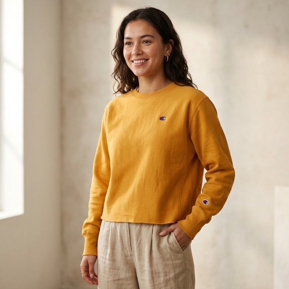 Champion yellow reverse weave warm up pullover sweatshirt crewneck women medium